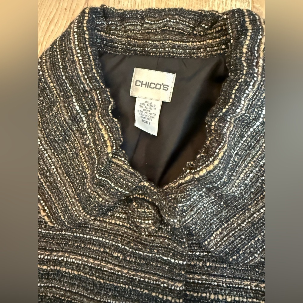Chico's Women's Black Gray Striped Jacket  gathered collar Chicos size 2 (US 12) - Picture 3 of 9